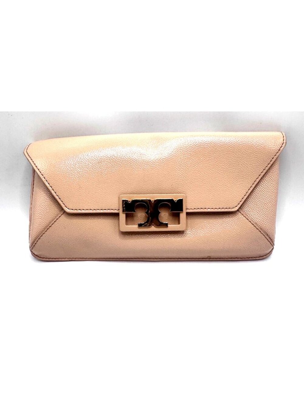 Tory Burch Kira Purse Clutch Pebbled Leather Pink Handbag Gold Logo  10” x 6”